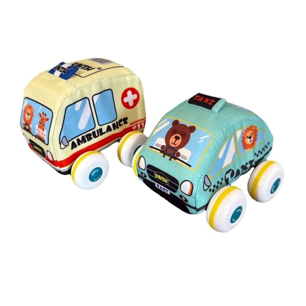 UNIH Pullback Vehicles (2) Baby Toys Soft Plush Taxi Ambulance